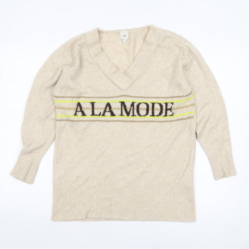 River Island Women Beige V-Neck 'A La Mode' Knit Jumper Size S