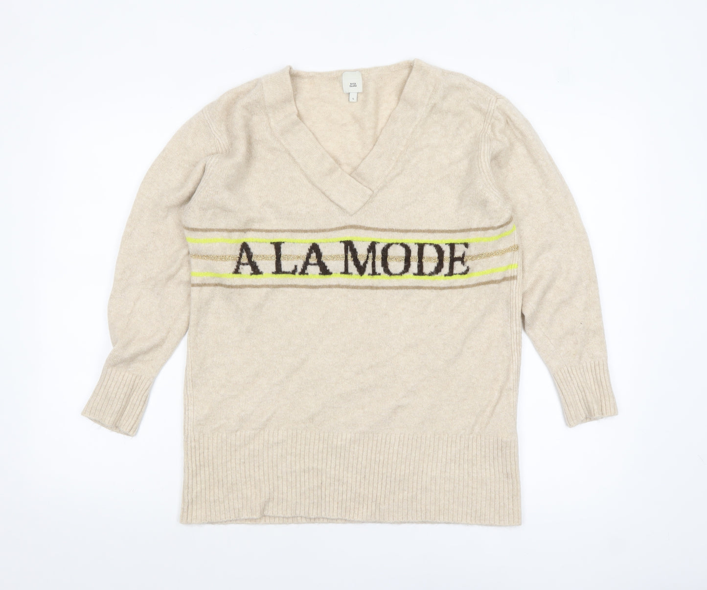 River Island Women Beige V-Neck 'A La Mode' Knit Jumper Size S