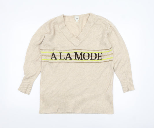 River Island Women Beige V-Neck 'A La Mode' Knit Jumper Size S