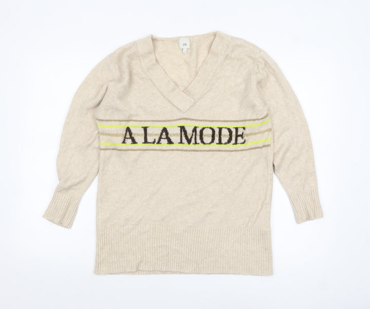 River Island Women Beige V-Neck 'A La Mode' Knit Jumper Size S