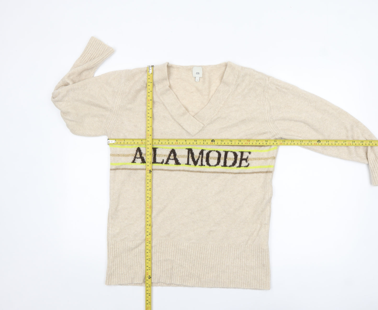 River Island Women Beige V-Neck 'A La Mode' Knit Jumper Size S