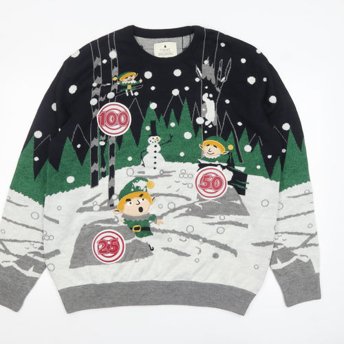 Next Men's XL Christmas Elf Graphic Pullover Jumper in Green and Grey