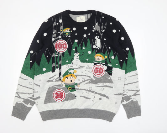 Next Men's XL Christmas Elf Graphic Pullover Jumper in Green and Grey