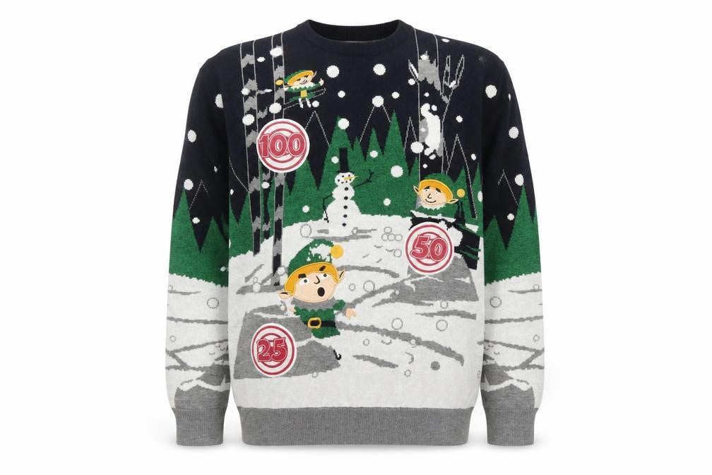 Front view of Next Men's XL Christmas Elf Graphic jumper in Green and Grey
