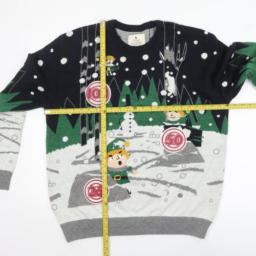 Next Men's XL Christmas Elf Graphic Pullover Jumper in Green and Grey