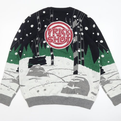 Next Men's XL Christmas Elf Graphic Pullover Jumper in Green and Grey