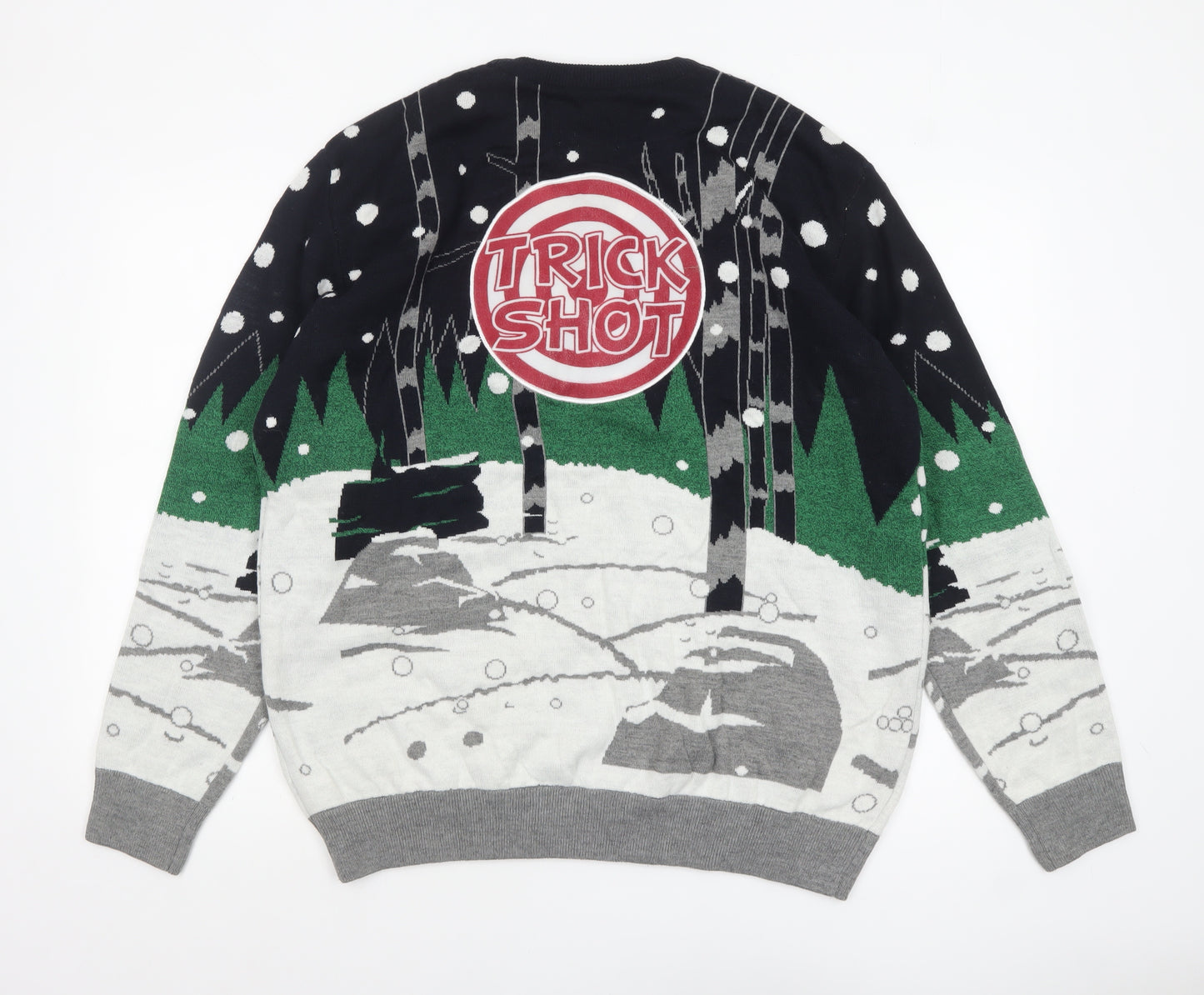 Next Men's XL Christmas Elf Graphic Pullover Jumper in Green and Grey