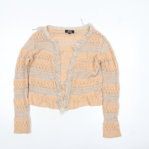 Opus London Women's Beige Striped Fringe Knit Cardigan Size 8