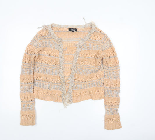 Opus London Women's Beige Striped Fringe Knit Cardigan Size 8