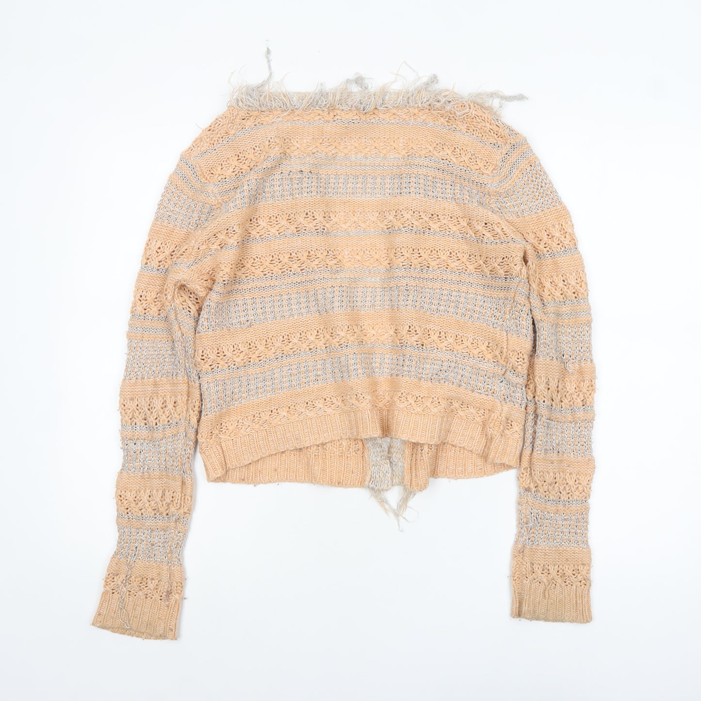 Opus London Women's Beige Striped Fringe Knit Cardigan Size 8