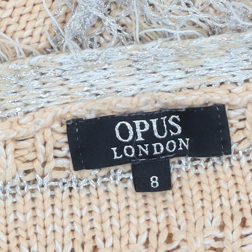 Opus London Women's Beige Striped Fringe Knit Cardigan Size 8
