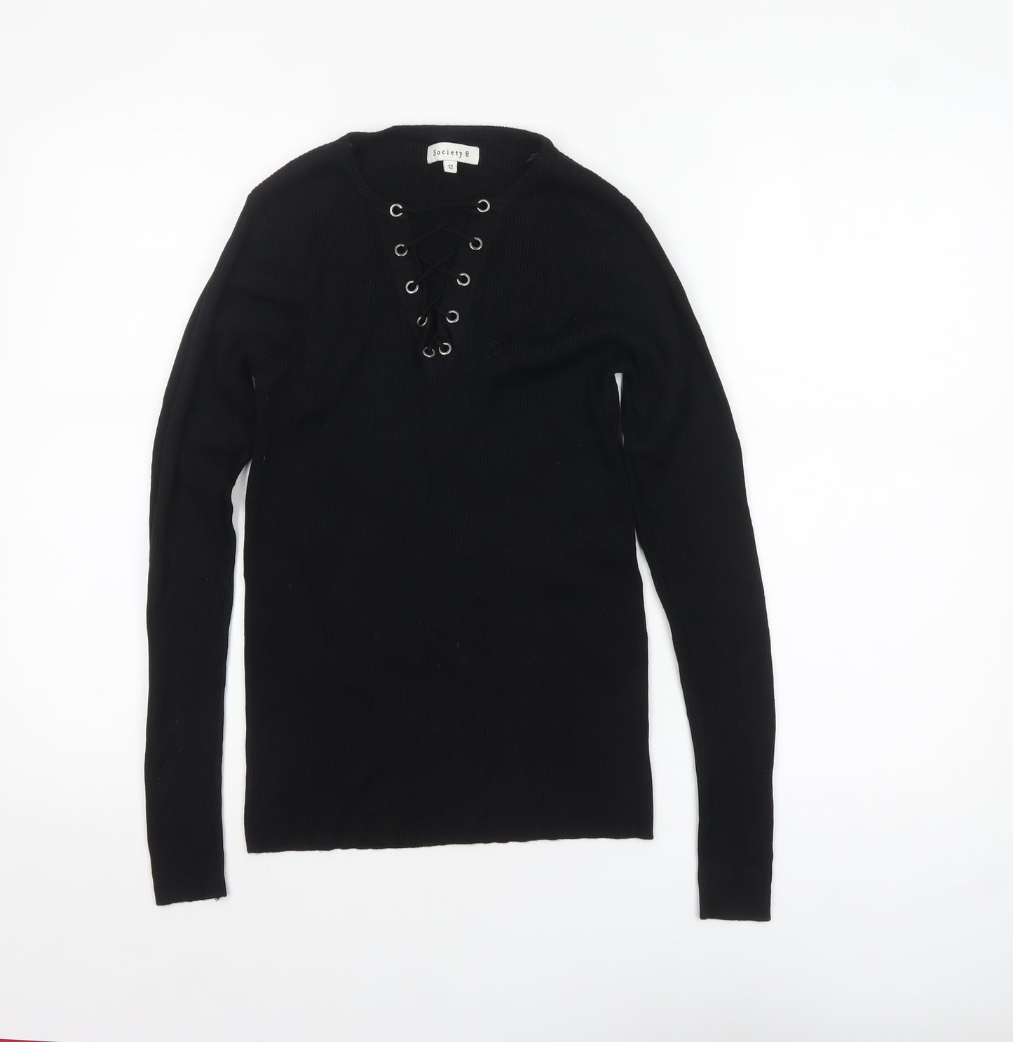 Society 8 Womens Black V-Neck Lace Up Knit Jumper Size 12
