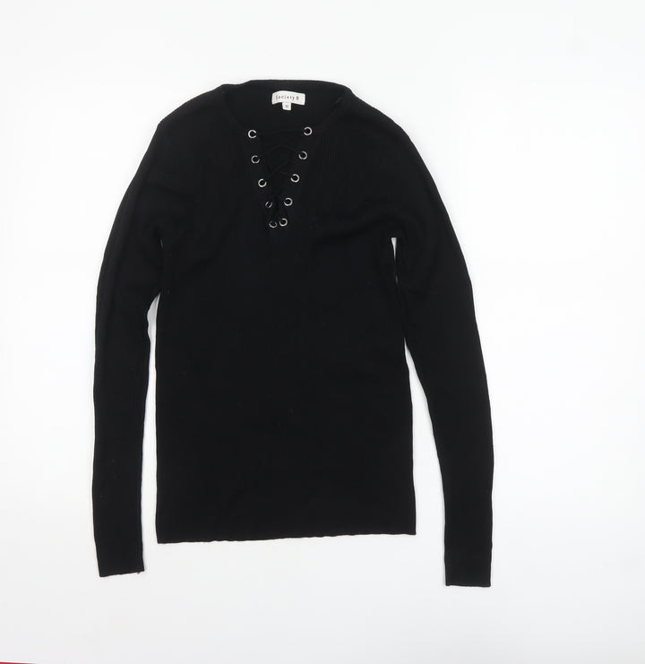 Society 8 Womens Black V-Neck Lace Up Knit Jumper Size 12
