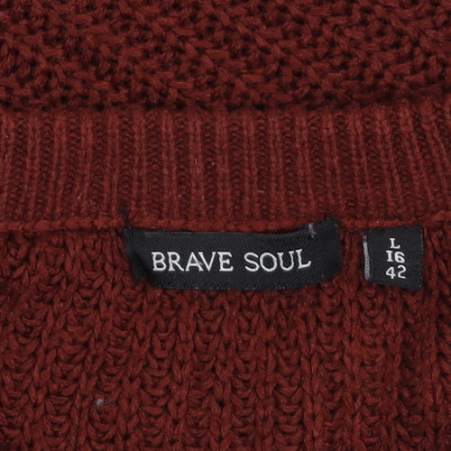 Brave Soul Women Red Chunky Knit Acrylic Jumper L 16 Crew Neck