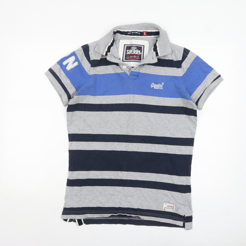 Superdry Men's Grey Navy Striped Polo Shirt Size L Classic Fit