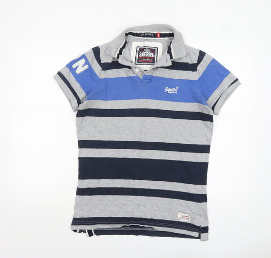 Superdry Men's Grey Navy Striped Polo Shirt Size L Classic Fit