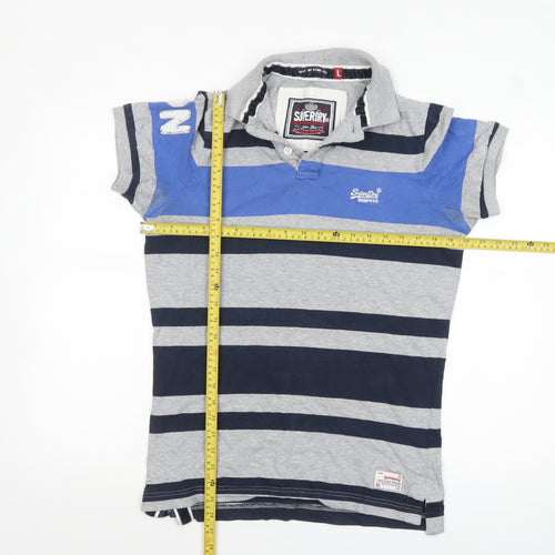 Superdry Men's Grey Navy Striped Polo Shirt Size L Classic Fit
