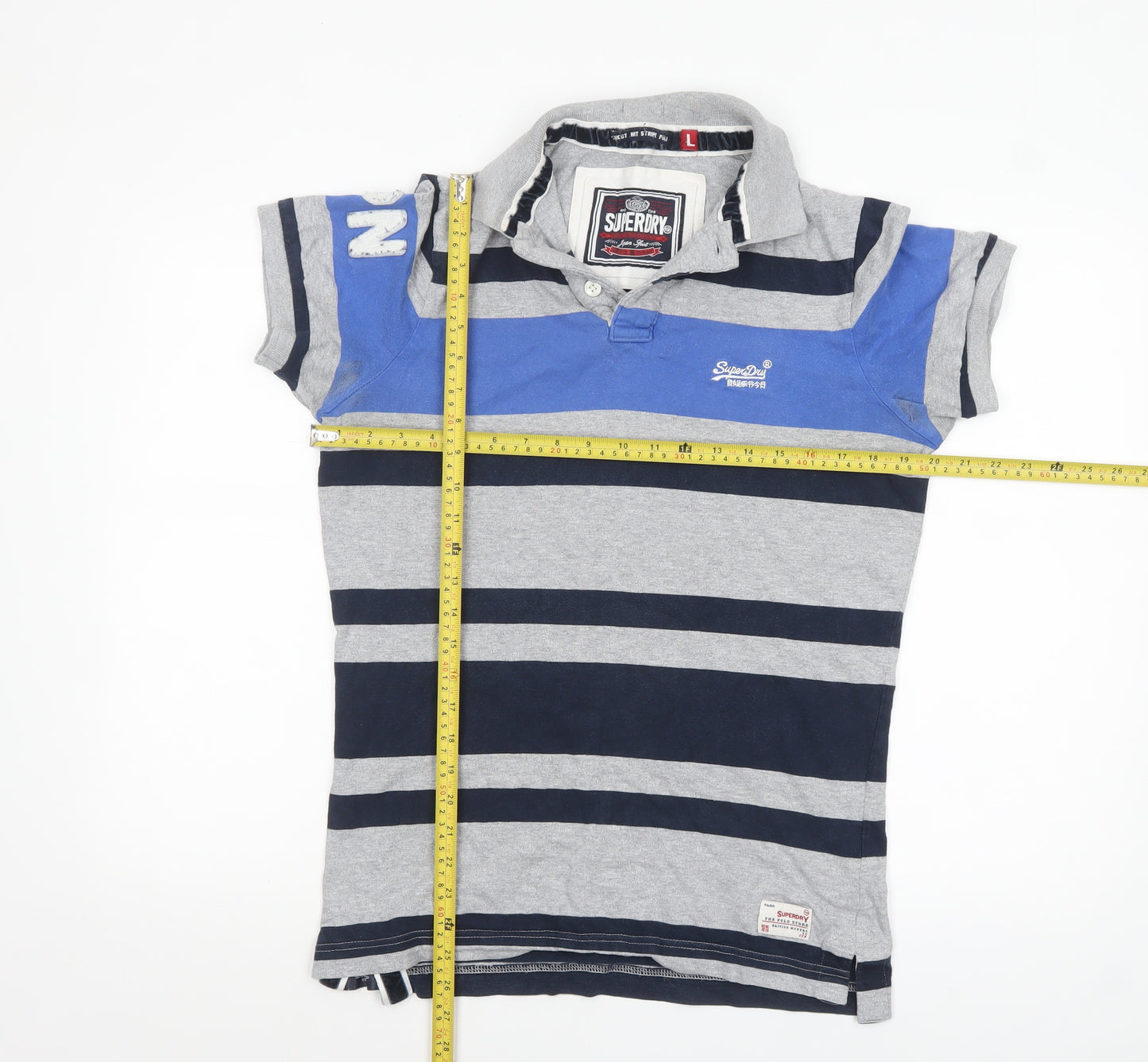 Superdry Men's Grey Navy Striped Polo Shirt Size L Classic Fit