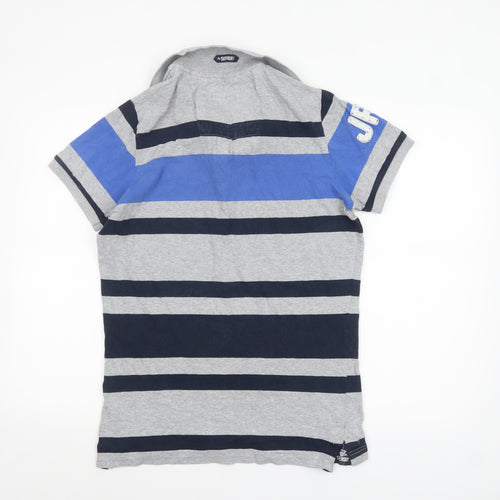 Superdry Men's Grey Navy Striped Polo Shirt Size L Classic Fit