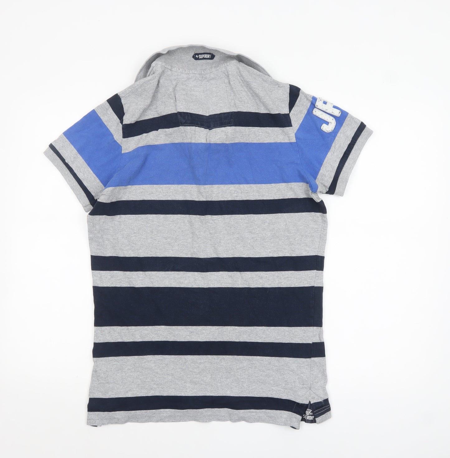Superdry Men's Grey Navy Striped Polo Shirt Size L Classic Fit