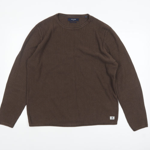 Jack & Jones Men’s Brown Waffle Knit Crew Neck Jumper XL Regular Fit