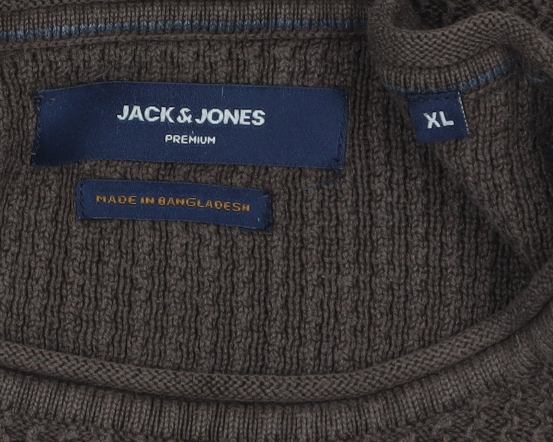 Jack & Jones Men’s Brown Waffle Knit Crew Neck Jumper XL Regular Fit