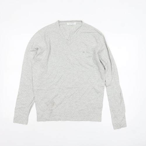 Calvin Klein Men's Grey Cotton V-Neck Jumper Size S