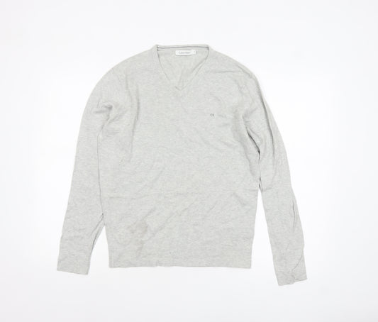 Calvin Klein Men's Grey Cotton V-Neck Jumper Size S
