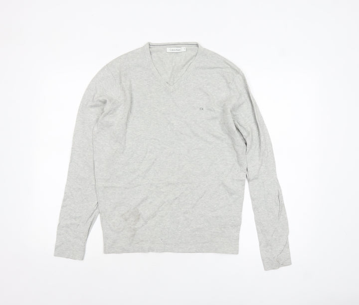 Calvin Klein Men's Grey Cotton V-Neck Jumper Size S