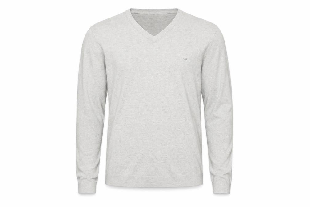 Front view of Calvin Klein Men's Grey Cotton V-Neck Jumper, size S