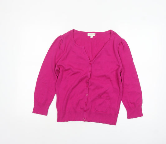 Monsoon Women Pink Cotton V-Neck 3/4 Sleeve Cardigan M