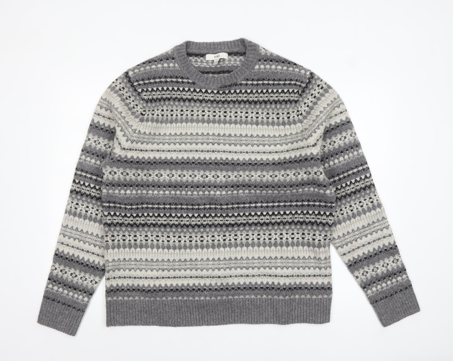 Marks and Spencer Men’s Grey Fair Isle Wool Jumper L Regular Fit