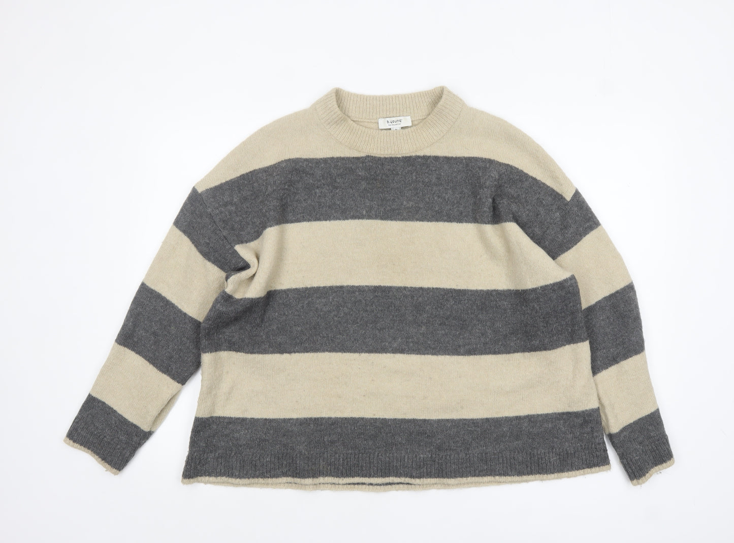 b.young Women's Grey Stripe Wool Blend Crew Neck Jumper Size M