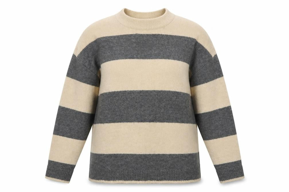Front view of b.young Women's Grey Stripe Wool Blend Crew Neck Jumper, size M