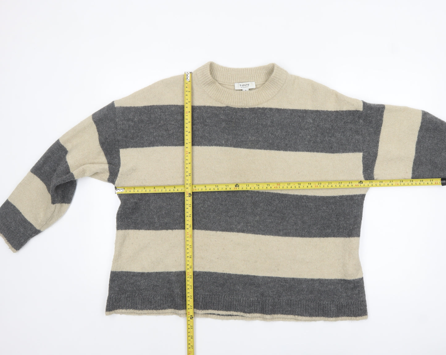 b.young Women's Grey Stripe Wool Blend Crew Neck Jumper Size M