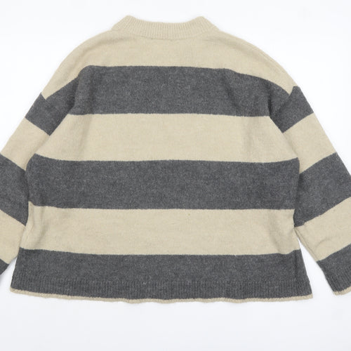 b.young Women's Grey Stripe Wool Blend Crew Neck Jumper Size M