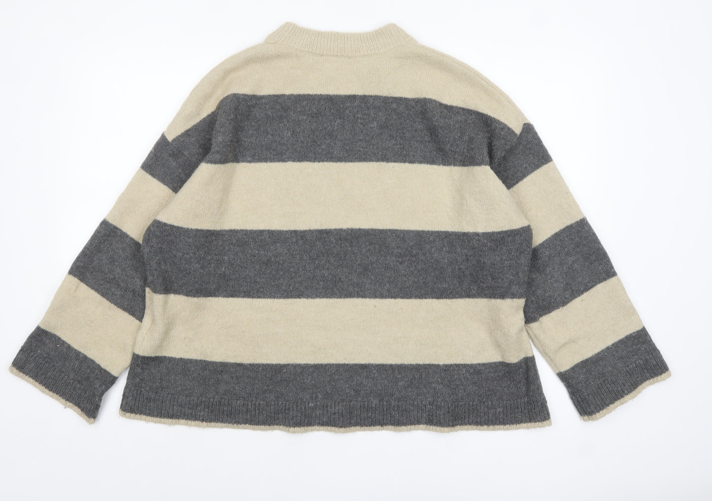 b.young Women's Grey Stripe Wool Blend Crew Neck Jumper Size M
