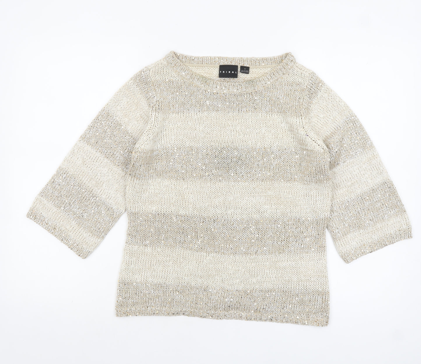 Tribal Women’s Beige Sequin Knit 3/4 Sleeve Pullover Jumper Size S