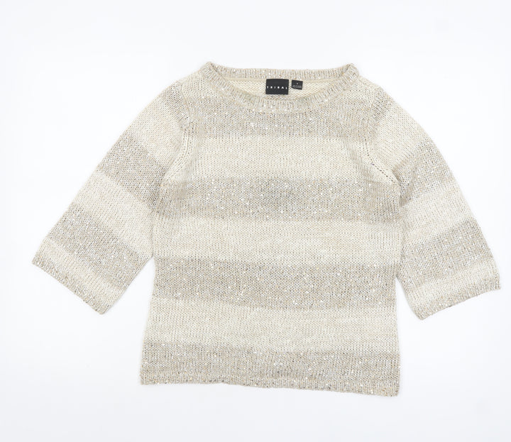Tribal Women’s Beige Sequin Knit 3/4 Sleeve Pullover Jumper Size S
