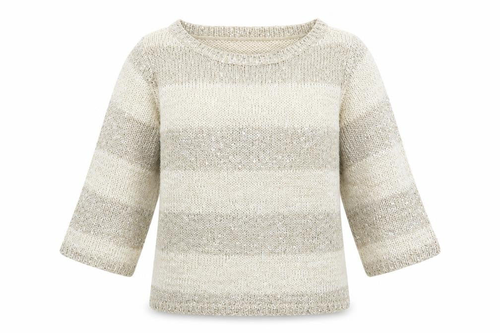 Front view of Tribal Women’s Beige Sequin Knit 3/4 Sleeve jumper, size S