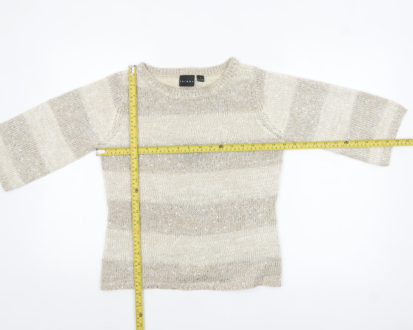 Tribal Women’s Beige Sequin Knit 3/4 Sleeve Pullover Jumper Size S