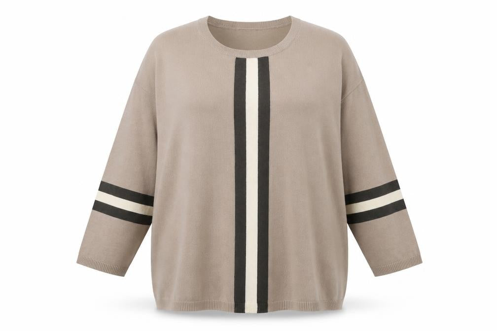 Front view of Frank Usher Women's Beige Striped jumper L/XL Crew Neck
