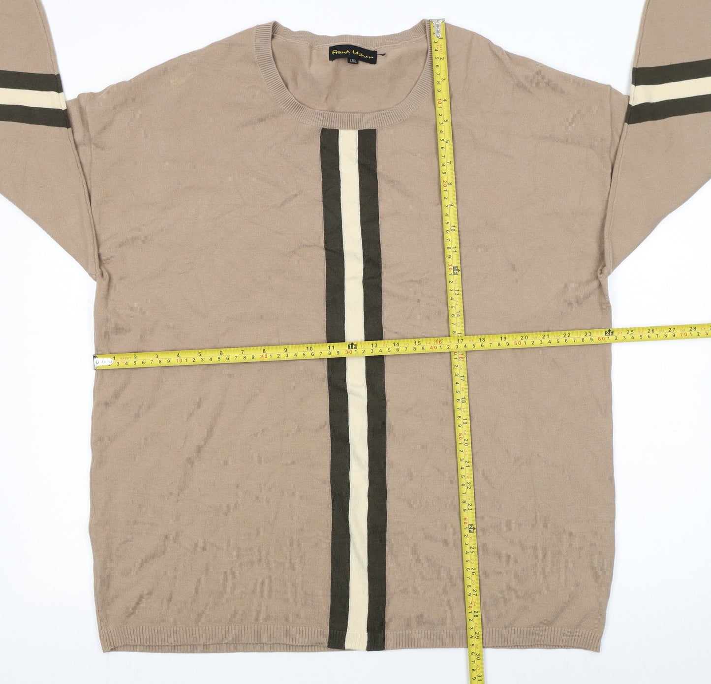 Frank Usher Women's Beige Striped Pullover Jumper L/XL Crew Neck