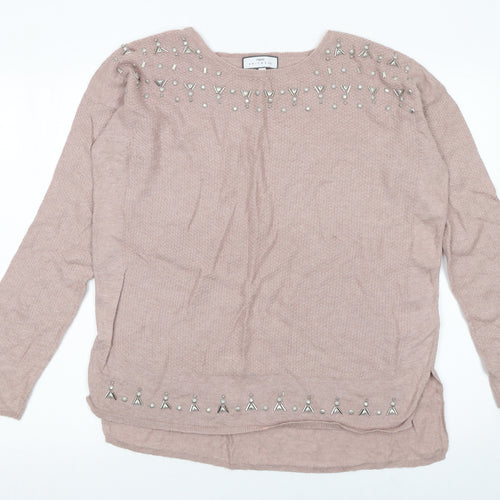 Next Women Pink Beaded Crew Neck Long Sleeve Pullover Jumper Size 12