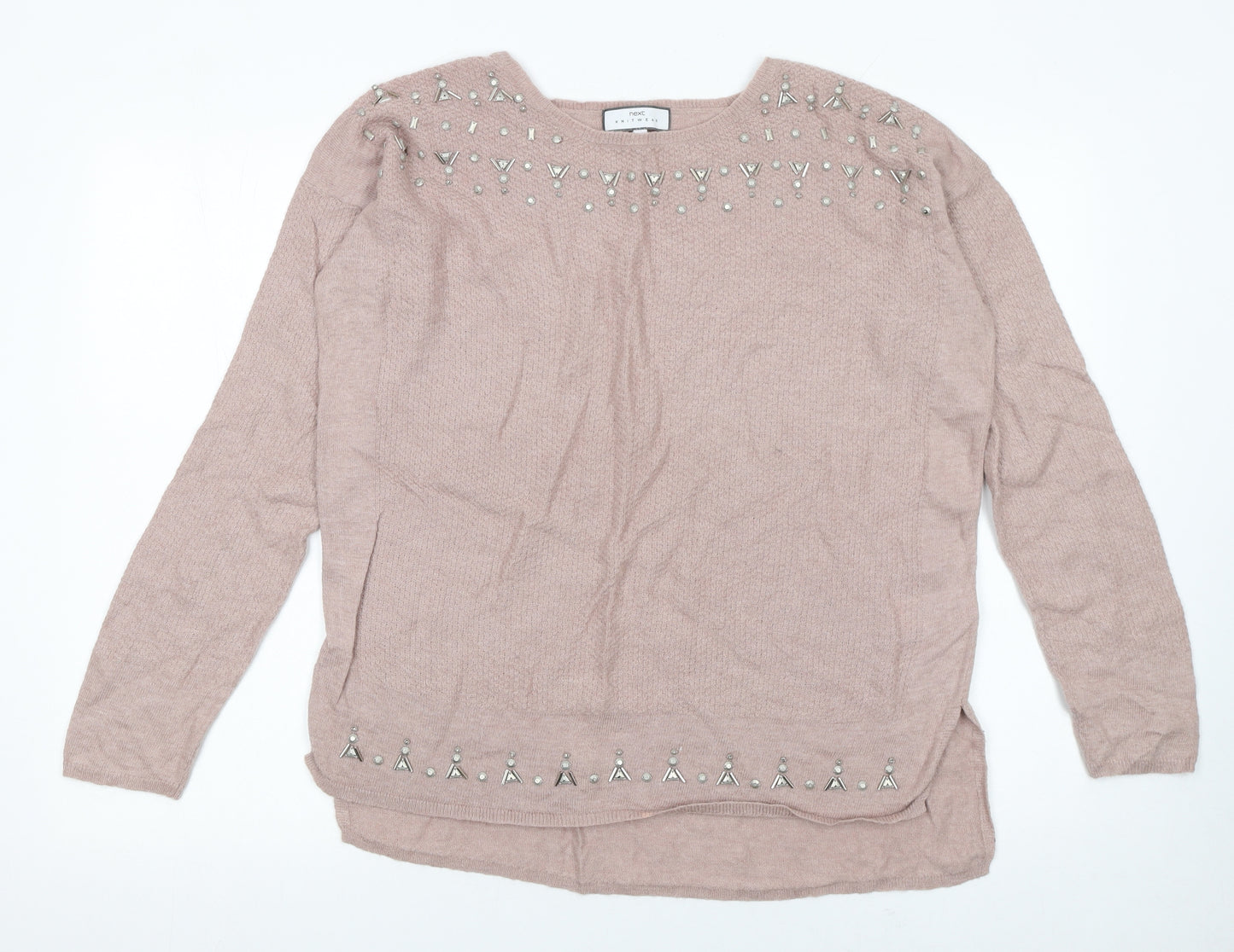 Next Women Pink Beaded Crew Neck Long Sleeve Pullover Jumper Size 12
