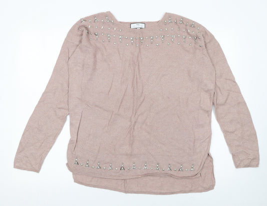 Next Women Pink Beaded Crew Neck Long Sleeve Pullover Jumper Size 12