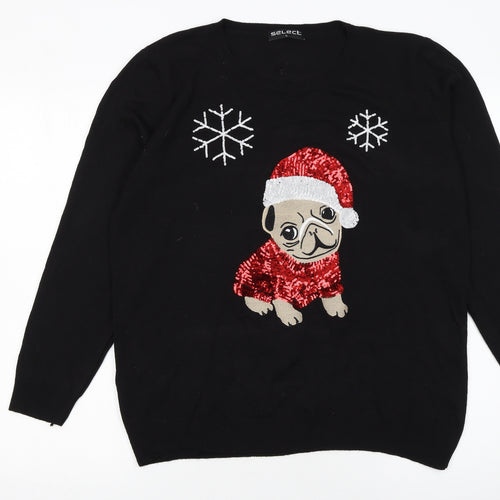 Select Womens Black Christmas Dog Sequin Jumper L