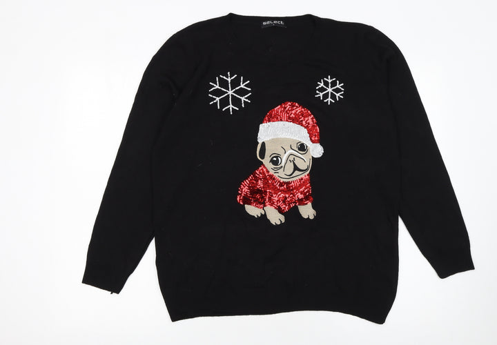 Select Womens Black Christmas Dog Sequin Jumper L