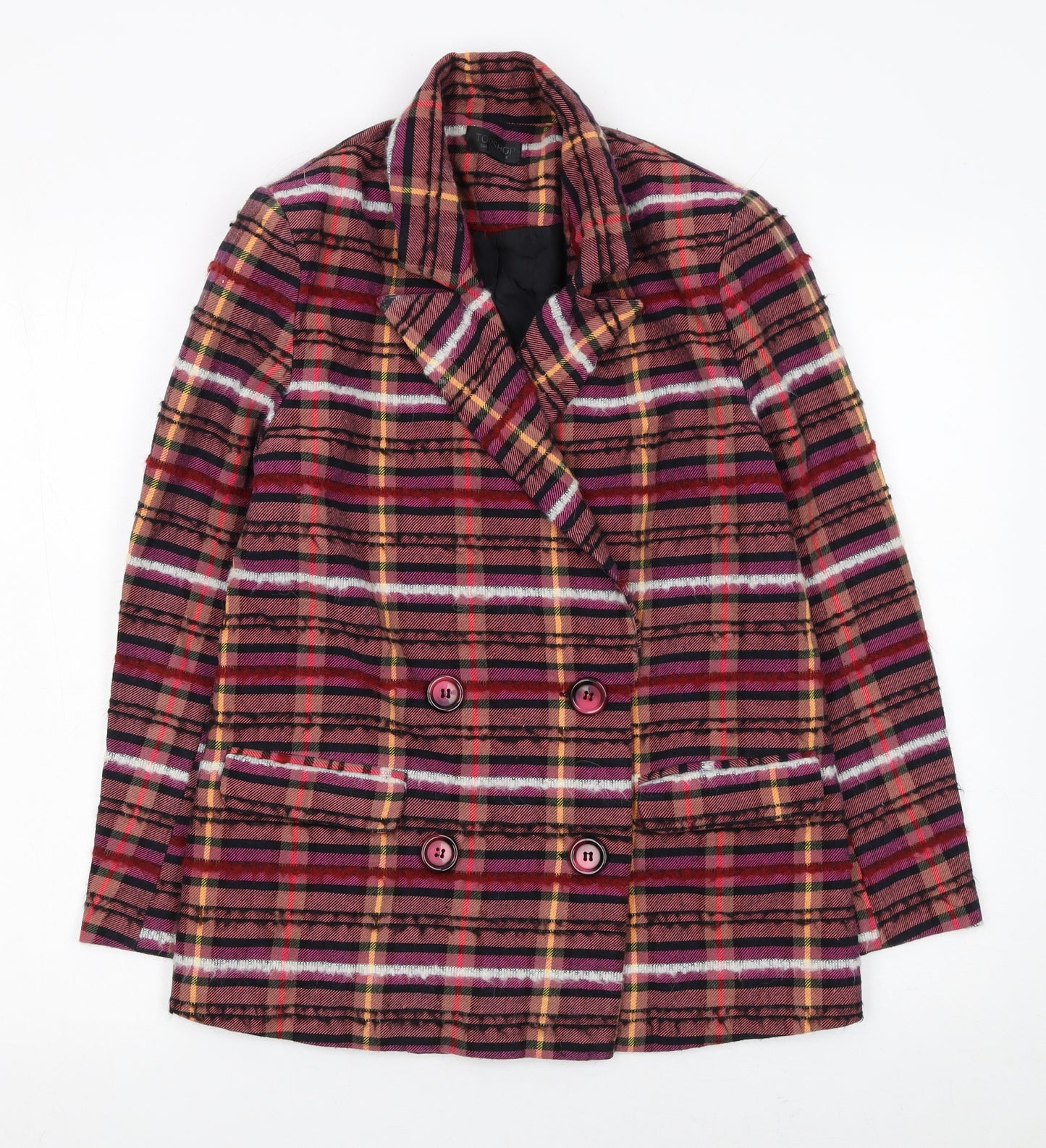 Topshop Women Red Check Double-Breasted Blazer UK 8 Wool Blend