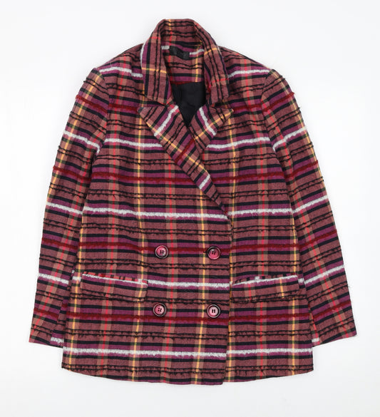 Topshop Women Red Check Double-Breasted Blazer UK 8 Wool Blend
